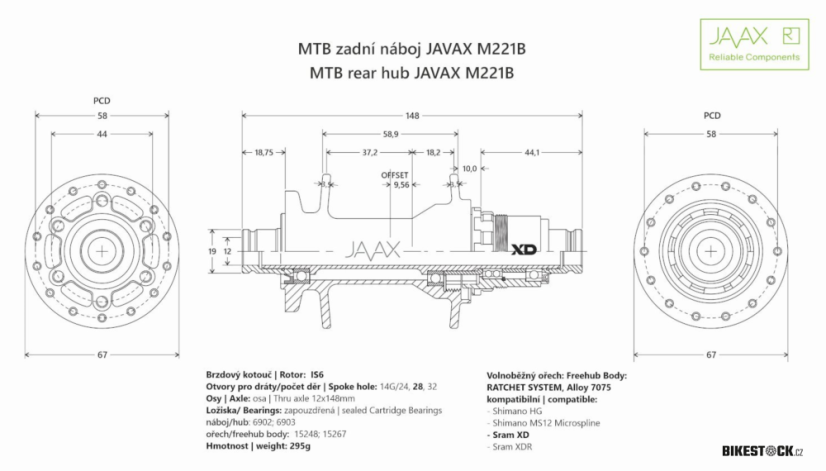 zadní náboj JAVAX M221B J-Type Boost 32 děr - ořech Microspline/XD/HG