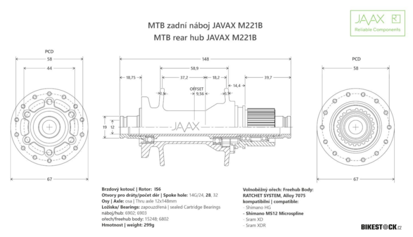 zadní náboj JAVAX M221B J-Type Boost 32 děr - ořech Microspline/XD/HG