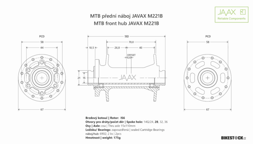 přední náboj JAVAX M221B J-Type Boost 32 děr